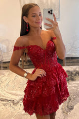 Burgundy Off the Shoulder Tulle A-line Ruffles Homecoming Dress