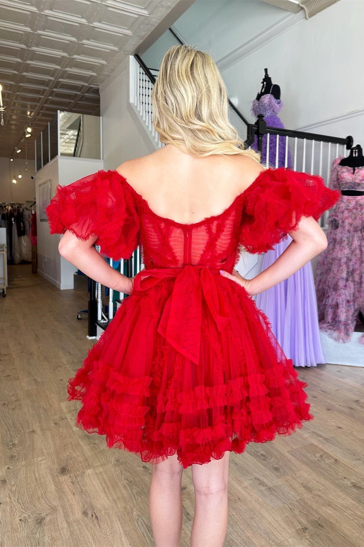 Red Off the Shoulder Tulle Ruffle-Layers A-line Homecoming Dress