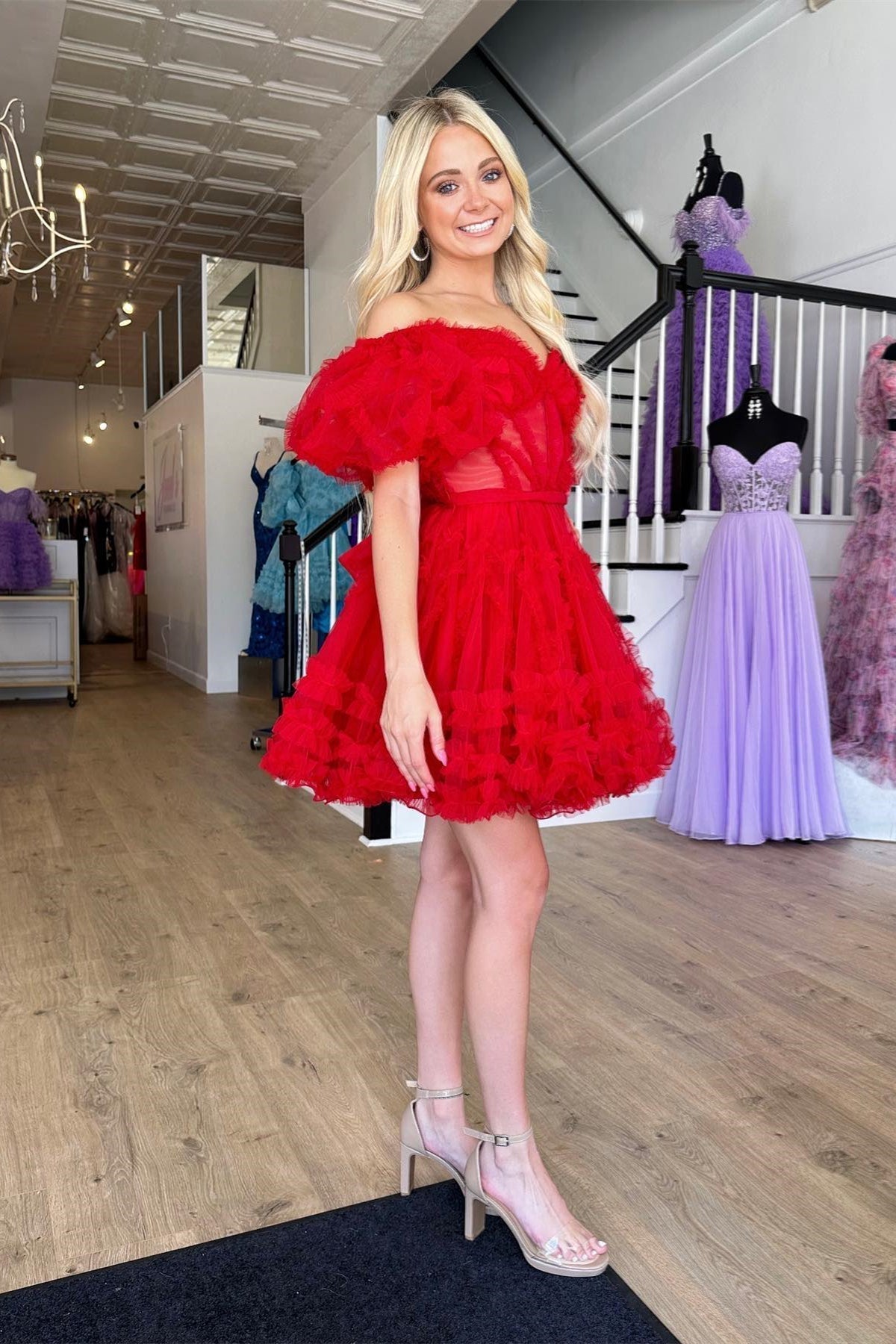 Red Off the Shoulder Tulle Ruffle-Layers A-line Homecoming Dress