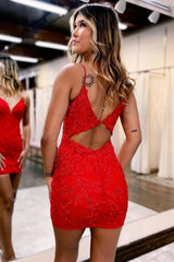 Red V Neck Appliques Lace Mermaid Short Homecoming Dress
