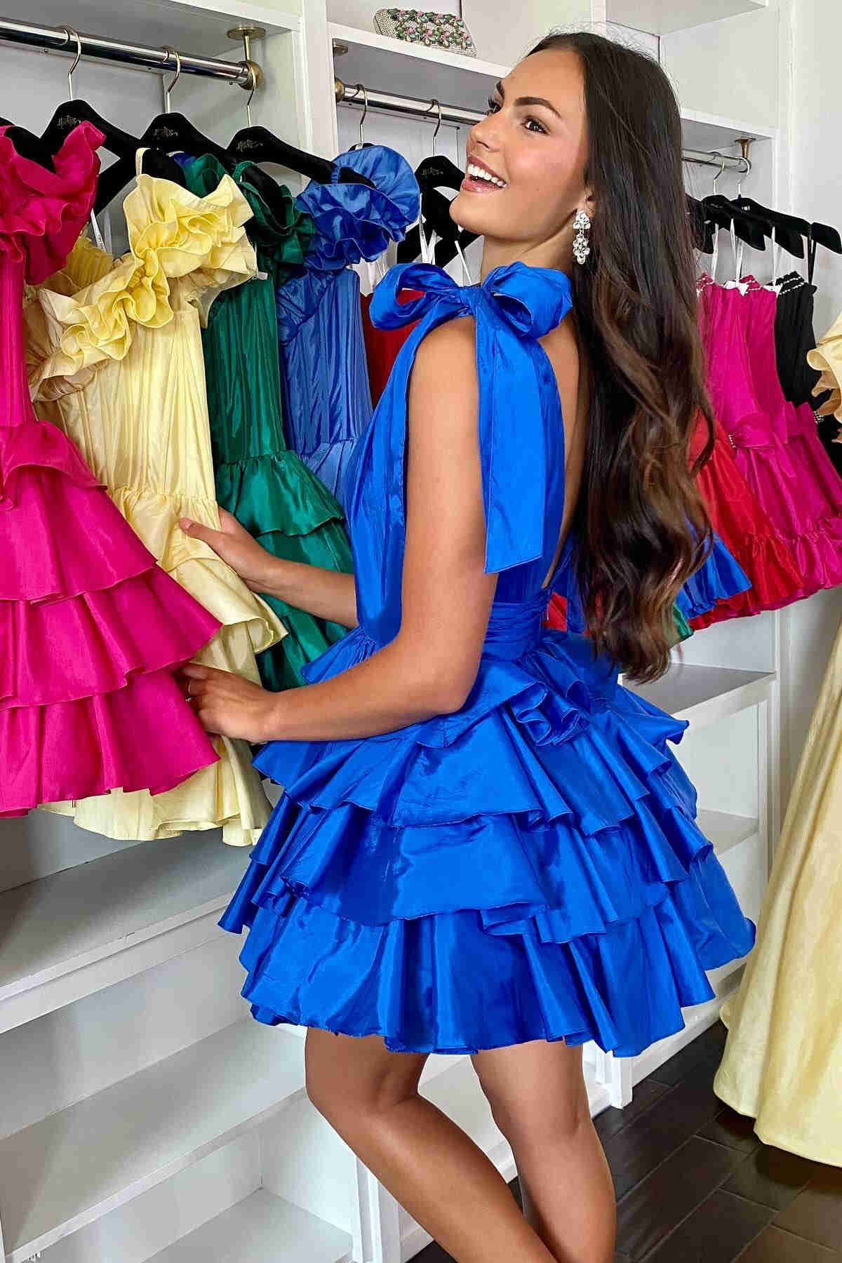 Short A-line V-Neck Bow Tiered Homecoming Dress