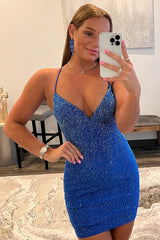 Mermaid Beaded V Neck Short Open Back Homecoming Dress