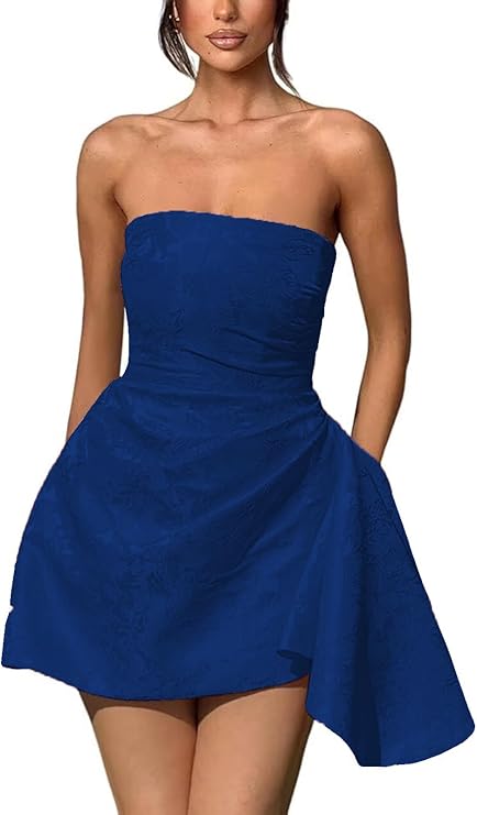 A-line Strapless Jacquard Satin Asymmetrical Lace up Sleeveless Short Homecoming Dress