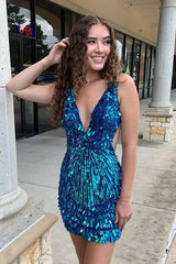 Short Mermaid Sequin V-Neck Mermaid Open Back Homecoming Dress