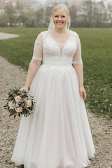 Simple Half Sleeves A-line Lace Plus Size Wedding Dresses