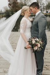 Simple Half Sleeves A-line Lace Plus Size Wedding Dresses