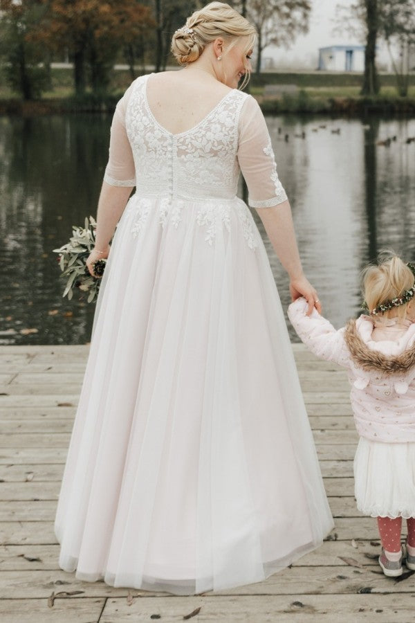 Simple Half Sleeves A-line Lace Plus Size Wedding Dresses