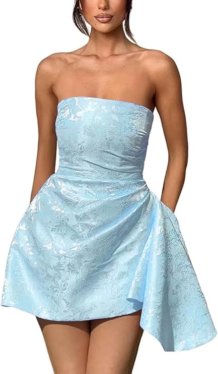 A-line Strapless Jacquard Satin Asymmetrical Lace up Sleeveless Short Homecoming Dress