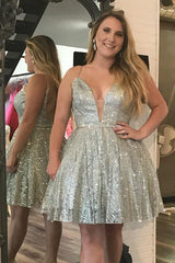 Sparkling V-neck Silver A-line Homecoming Dress with Beading