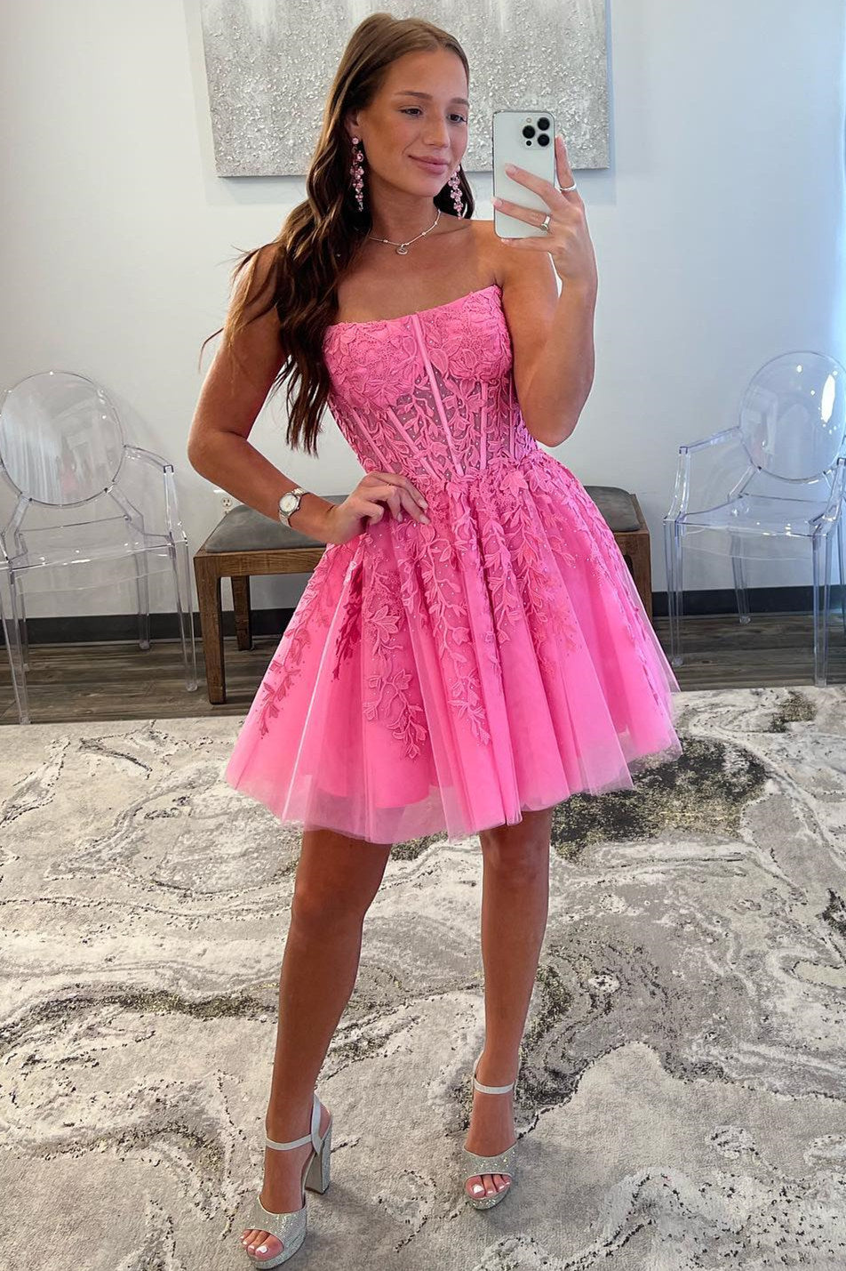 Strapless Short A-Line Tulle Party Dress with Appliques Lace