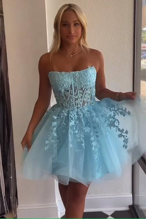 Strapless Short A-Line Tulle Party Dress with Appliques Lace