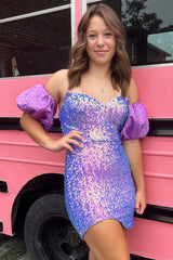 Strapless Mermaid Sweetheart Sequin Short Homecoming Dress with Balloon Sleeves