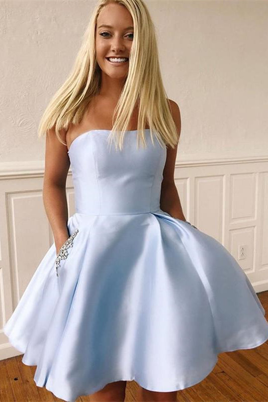 Strapless Short A-line Beaded Saitn Homecoming Dress with Pockets