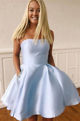 Strapless Short A-line Beaded Saitn Homecoming Dress with Pockets