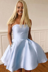 Short A-line Strapless White Beaded Homecoming Dress with Pockets