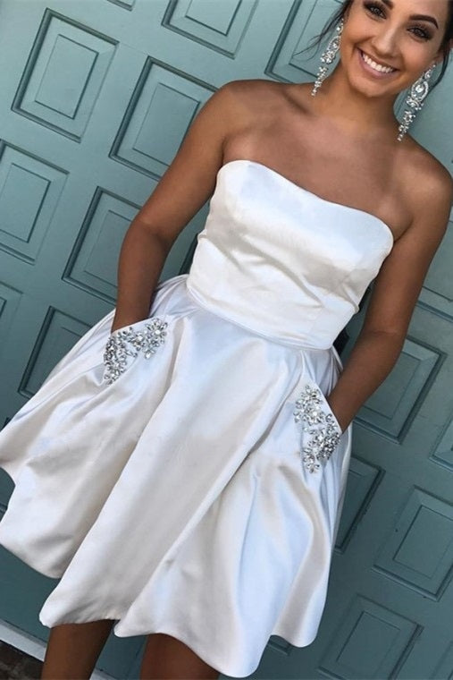 Short A-line Strapless White Beaded Homecoming Dress with Pockets