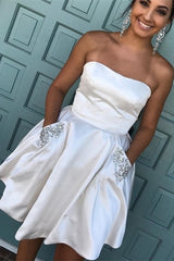 Short A-line Strapless White Beaded Homecoming Dress with Pockets