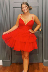 Short A-line V-Neck Tulle Ruffle Party Homecoming Dress
