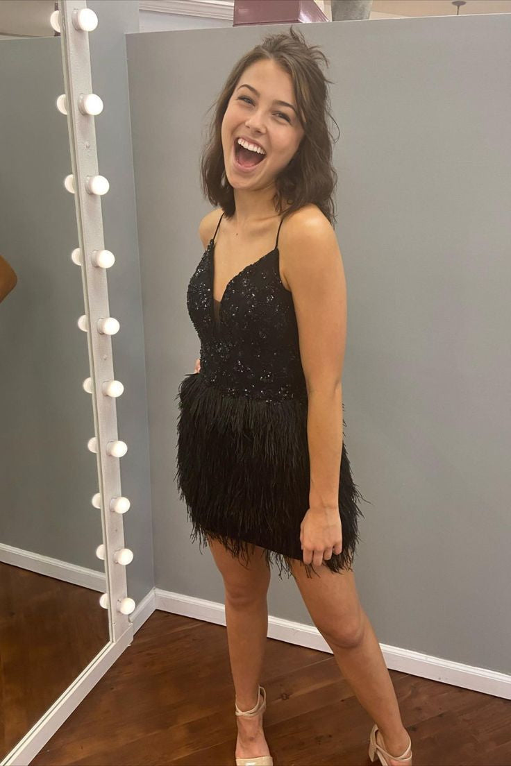 Straps Black Beaded Mermaid Homecoming Dress with Feathers