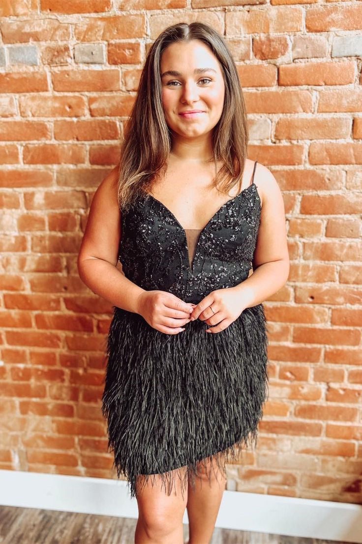 Straps Black Beaded Mermaid Homecoming Dress with Feathers