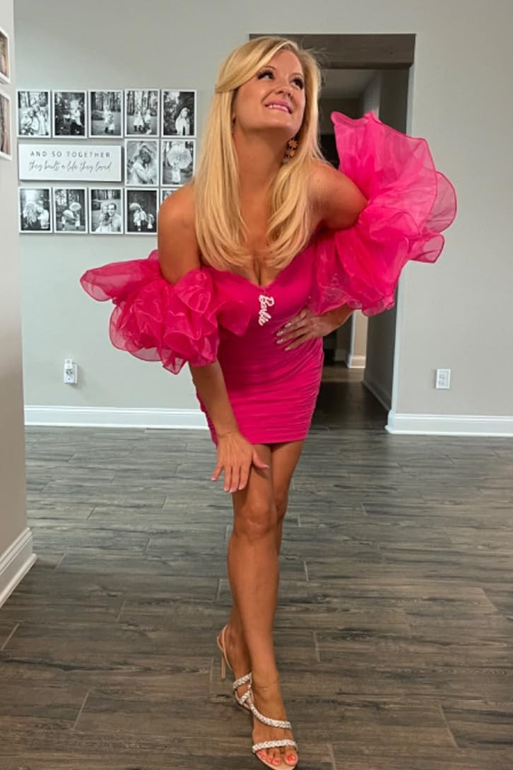 Sweetheart Fuchsia Ruffle Sleeves Mermaid Short Homecoming Dress