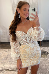 Sweetheart Ivory Lace Puff Sleeves Memraid Short Homecoming Dress