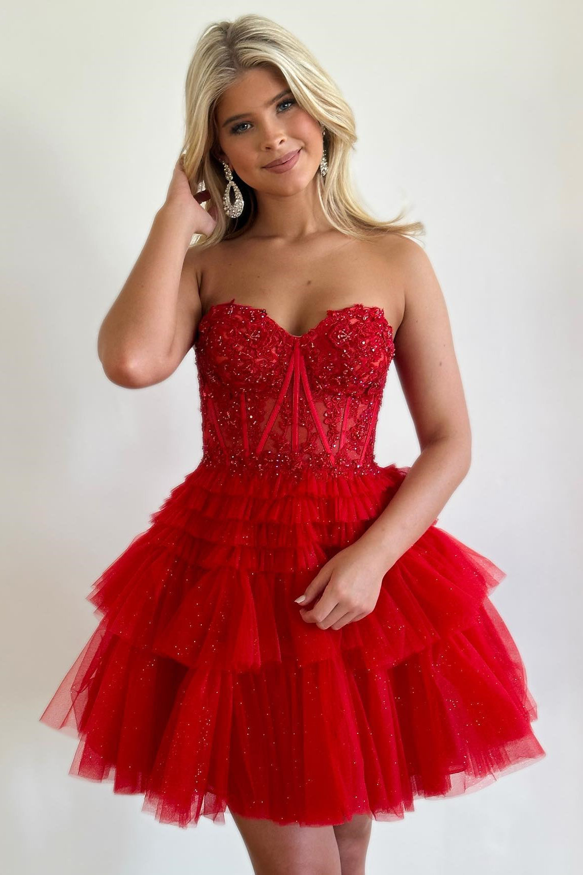 A-line Sweetheart Red Lace Tulle Tiered Short Homecoming Dress