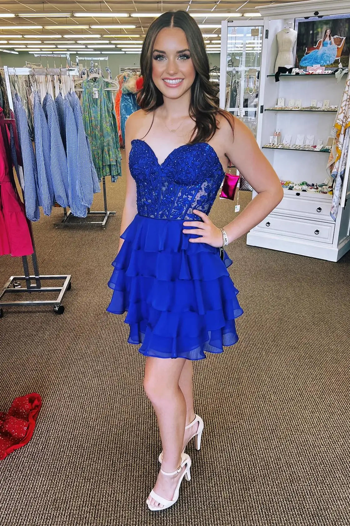 Sweetheart Royal Blue Lace Chiffin A-Line Short Party Dress