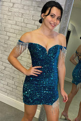 Mermaid Off the Shoulder Sequin Short Homecoming Dress
