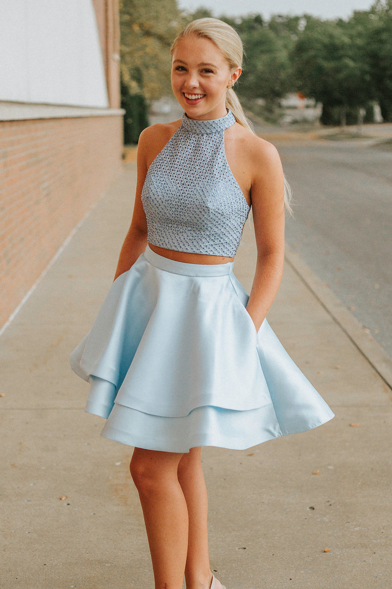 Two Piece Short Sky Blue Satin Homecoming Dress with Pockets