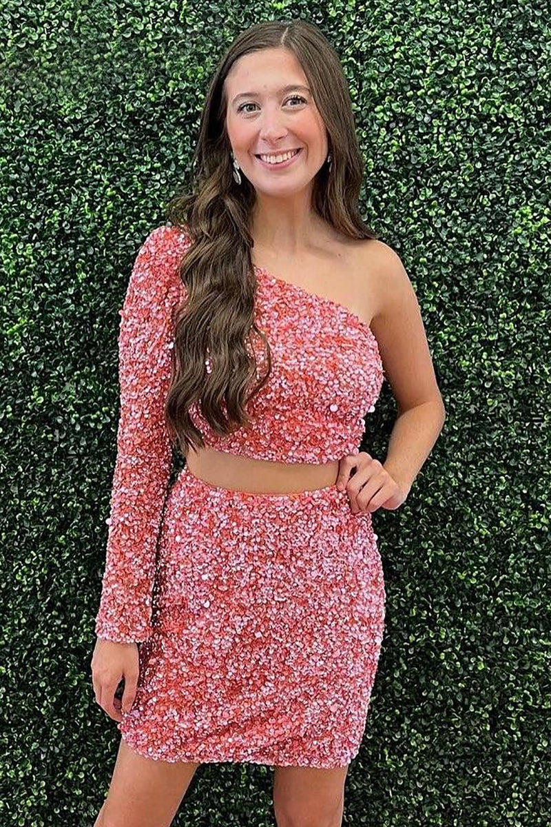 Two Piece Mermaid One Shoulder Tight Homecoming Dress with Sleeves