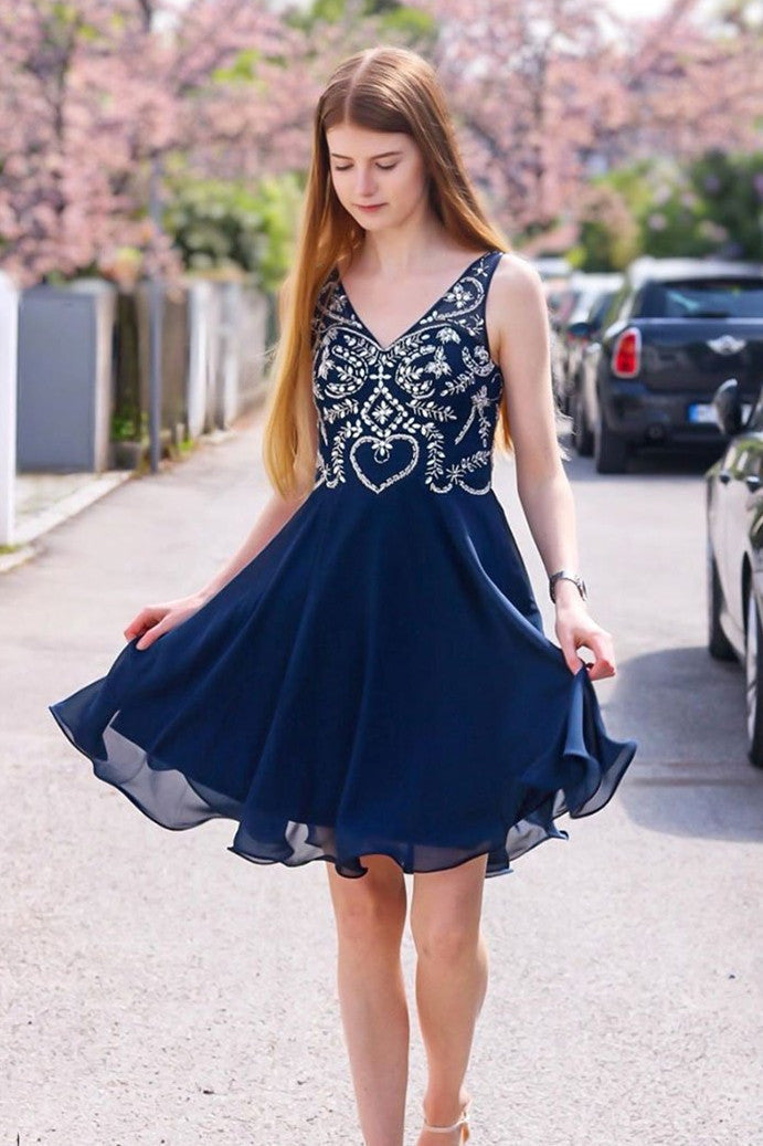 Dark Navy A-line V Neck Chiffon Beaded Short Homecoming Dress