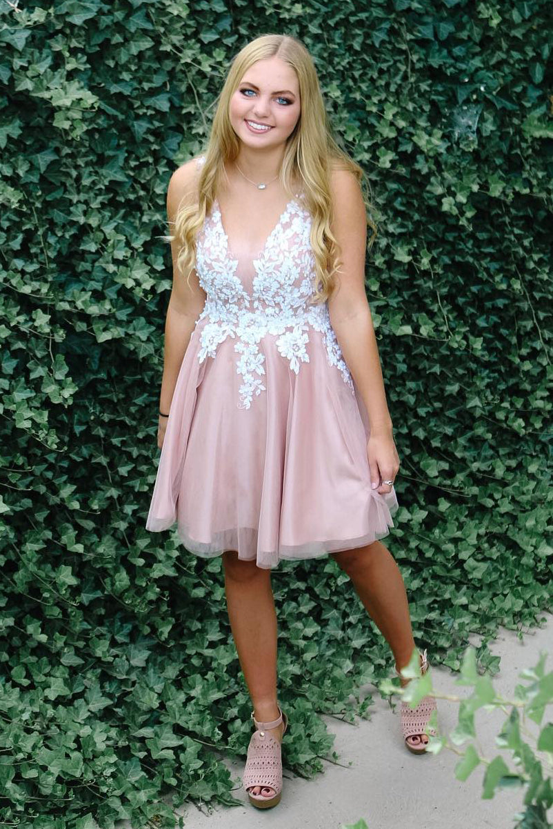 A-line V-Neck Lace Appliqued Short Homecoming Dress