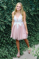 A-line V-Neck Lace Appliqued Short Homecoming Dress