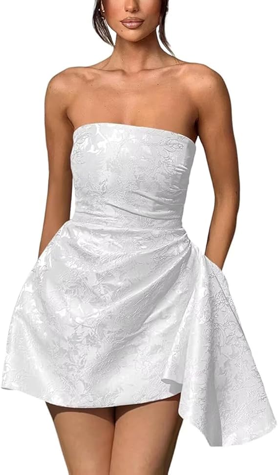 A-line Strapless Jacquard Satin Asymmetrical Lace up Sleeveless Short Homecoming Dress