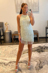 Short Mermaid Sequins Halter Sleeveless Homecoming Dress with Tassels
