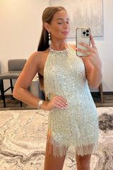Short Mermaid Sequins Halter Sleeveless Homecoming Dress with Tassels